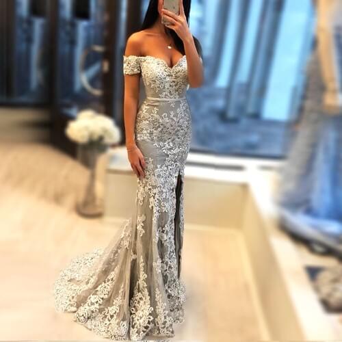 Hot Sale Embroidery Lace Mermaid Prom Dresses vestido de festa Sweetheart Front Splits Beaded With Sash Long Bridal Evening Gown