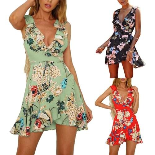 HOT SALES！！！New Arrival Bohemia Summer Beach Women Flower Print Ruffled V Neck Sleeveless Mini Dress