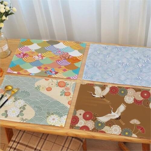 Linen Placemat Japanese Print Table Mat Flower Painting Coaster Heat Insulation Dish Bowl Tableware Pad Home Decor Accessories