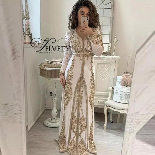 Moroccan Kaftan Caftan Muslim Evening Dresses A-line V-neck Long Sleeves Applique Beading Dubai Arabic Turkey Abaya Islamic Gown