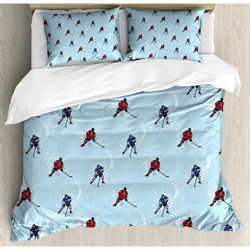 Sport Duvet Cover Set Abstract Lines Background Ice Hockey Pattern Competitive Match Winter Season Bedding Set Blue Red Black