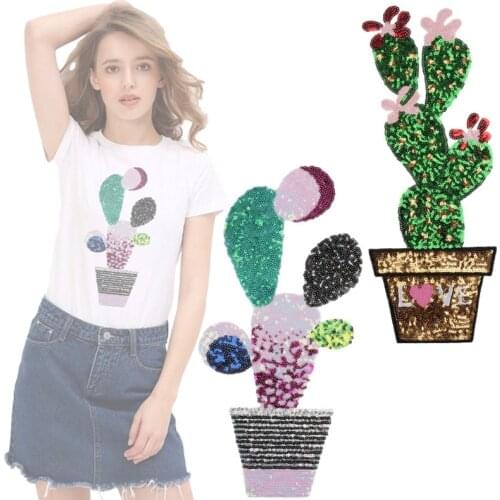 Cactus Sequins Embroidery Patches Big Iron on Patch Embroidered Stickers Thermo Adhesive Girls Bags Clothes DIY Sewing Supplies