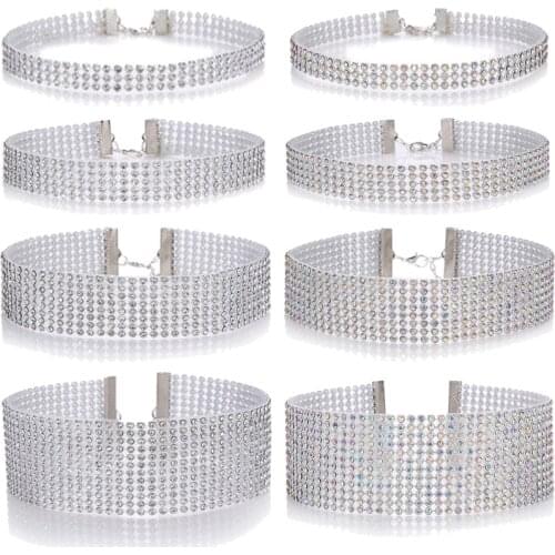 Full Rhinestone Crystal Silver Chain Choker Necklace Women Punk Gothic 1cm /1.6cm / 2.5cm /3.8cm Width Bridal Wedding Jeweley