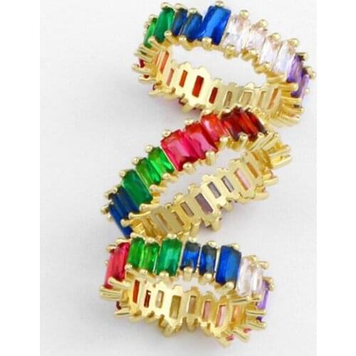 Size 5/6/7/8 New Arrival Luxury Jewelry 10kt Gold Fil Princess Cut Colorful 5A Cubic Zirconia Eternity Women Wedding Band Ring