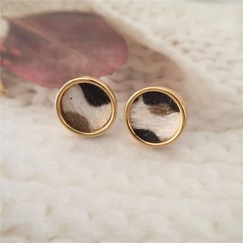 Lovely Cute Gold Color Leopard Spot Printed Round Stud Earrings For Women Girl Casual Minimize Jewelry Accessory