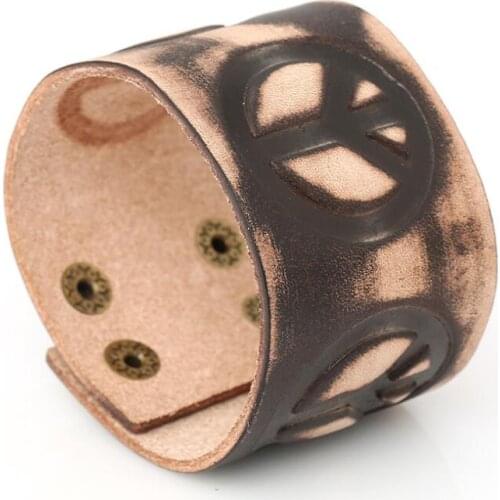 Vintage Retro Wide Leather Bracelet Cuff for Men Women Casual Brand Peace Charms Bangle Buckle Wristbands Biker Fashion Jewelry