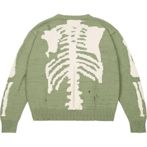 Japanese Harajuku Knitted Sage Green Skeleton Sweater for Men and Women Oversized Streetwear Hip Hop Ripped Pullover Jumper