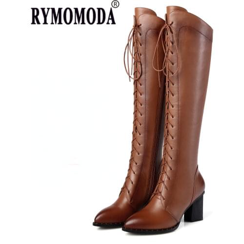 RYMOMODA Women Handmade Genuine Leather Knee High Boots 2021 Zipper Pointed Toe Black Brown High Heel Boots Female Autumn Winter