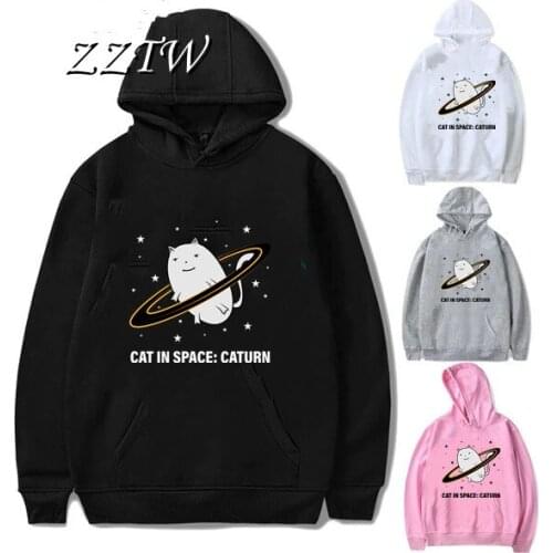 Women Hoodies Sweatshirt Kawaii Winter Cat in space: caturn Long Sleeve Hooded Sweatshirts Ear Hooed sudaderas para mujer