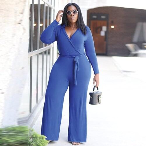 XL-5XL Large Size Oversize Women Long Jumpsuit Autumn Deep V Neck Full Sleeve Wide Leg Romper Office Lady Romper Women Jumpsuit