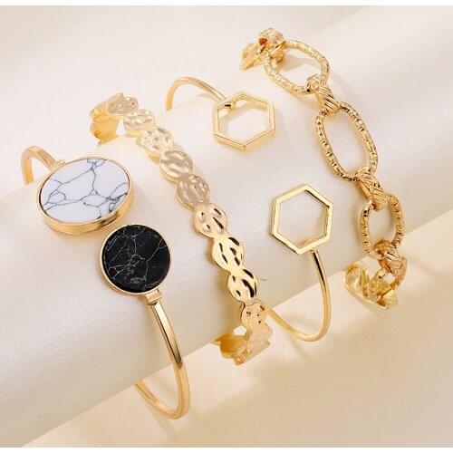 Punk Metal Marble Geometric Bracelet Set Womens Vintage Thick Chain Metal Charm Bangles Bracelet Fashion Trend Jewelry Gift