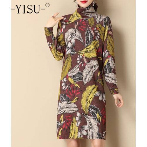 YISU Winter Women Dresses Turtleneck Feathers Printing Knitted pullover Dress Long sleeve Warm Loose Jumper Dresses Casual Dress