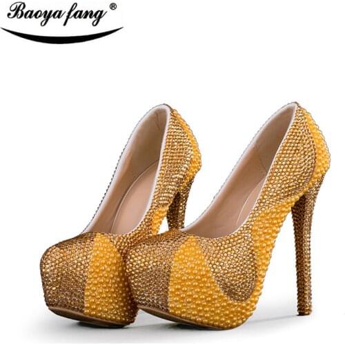 BaoYaFang Golden pearl and crystal womens wedding shoes Bride platform shoes high shoes ladies big size Pumps woman shoes