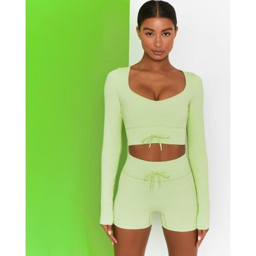 Seamless Yoga Set Women Two Piece Crop Top Long Sleeve Shorts Ribbed Workout Outfit Fitness Female Sport Suit Gym Wear Gym