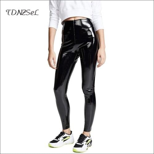 Black Stretch Seamless Legging Women Autumn Latex Leather Pencil Pants Office Lady Faux Pu High Waist Trousers Spring New Custom