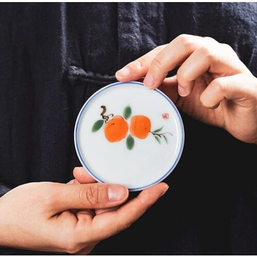 Chinese Traditional Painting Design handmade Round Ceramic Teacup Pad Heat Insulation Retro Kung Fu Tea Cup Tray Cup Coaster