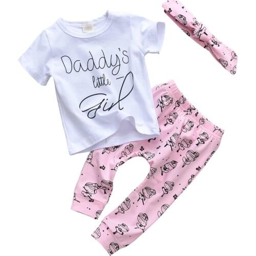 Baby Girl Clothing Set Cotton T-Shirt With Letter+Pink Cartoon Print Pants+Headband Infant Toddler 3Pcs Baby Clothes