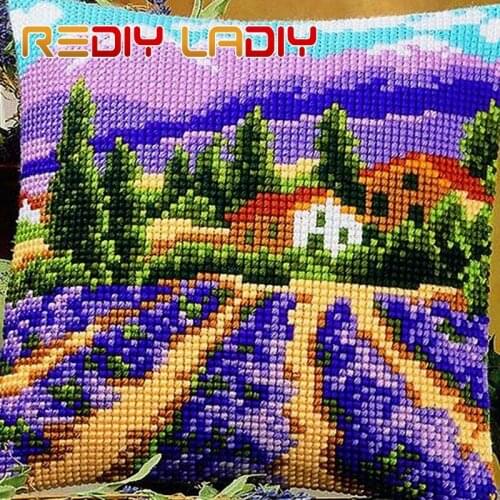 Cross Stitch Cushion Lavendar Scenery Chunky Yarn Cross-Stitch Kits Needlework Pre-Printed Canvas Pillow Home Decor Art & Crafts