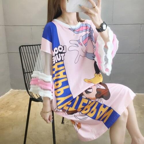 Large Size Lace Dress Cartoon Letters Short-sleeved New Female Long T-shirt Skirt Summer Loose Long Sleeve Summer Tops for Women