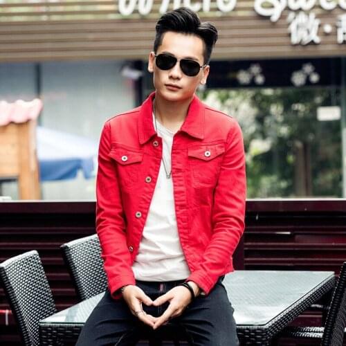 Autumn Men White Jean Jacket Korean Clothes Fashion Turn-down Collar Long Sleeve Hip Hop Bomber Jacket Homme Red Denim Chaquetas
