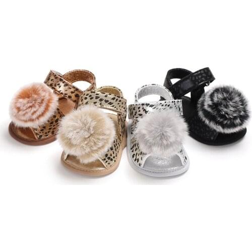 Summer baby toddler first walking shoes leopard soft flowers plush ball baby girl PU fashion princess childrens shoes