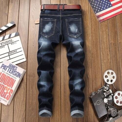 Fashion Elastic Slim Fit Skinny Straight Mens Jeans Pants New Design Chinese Style Chic Embroidery Males Full Length Trousers