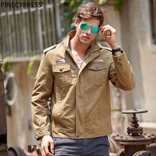 Men Jacket 98% Cotton 2% Polyester Zipper Pockets Fashion Military Amy Green Khaki Spring Autumn Male Quality Man Outwear