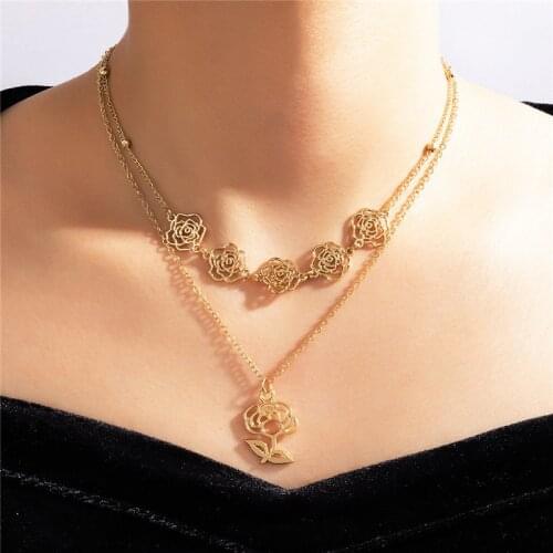 HI MAN French Exquisite 2-Layer Rose Flower Pendant Necklace Women Sweet Romantic Wedding Banquet Jewelry Accessories