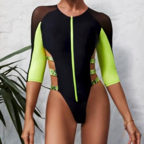 Mesh Patchwork Bathing Suit Women One Piece Swimsuit Thong High Leg Cut Swimwear Bandage Monokini Neon Bodysuit Sexy Swimsuit