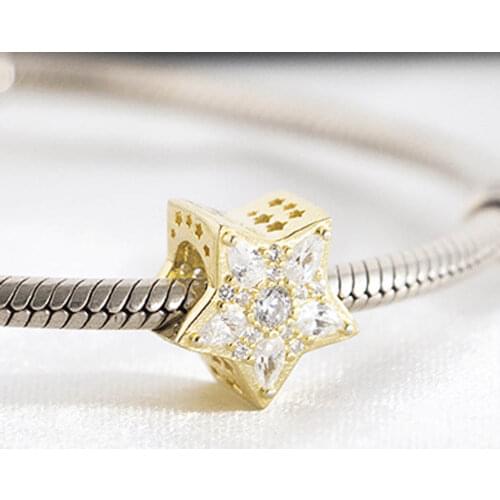 Authentic S925 Bead Golden Celestial Star Charm fit Lady Bracelet Bangle DIY Jewelry