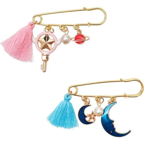 Cute Moon Star Tassel Brooch Women Coat Backpack Lapel Pin Metal Handmade Safety Pins Buckle Friend Gift