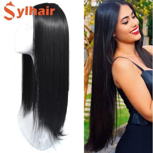 Sylhair Synthetic Long Straight U-Shaped Half Wig for Women Natural 7 Clips In Hair Extensions Fake Hair Invisible Seamless Hair