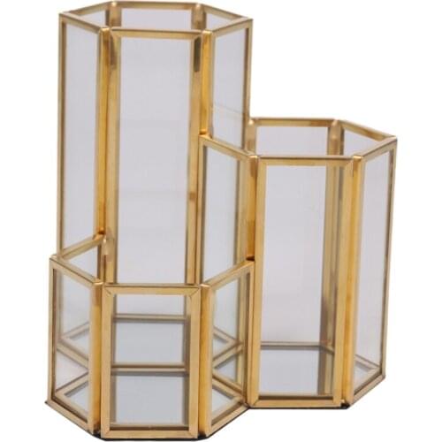 Glass Copper Hexagon Composite Pen Holder Makeup Brush Glass Box Multifunction Desktop Organizer Office Accessories