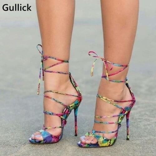 New Arrival Fancy Snakeskin Crossed-tied Woman Pumps Sexy One Front Thin Strappy Peep Toe Ladies Nightclub Thin High Heels Shoe