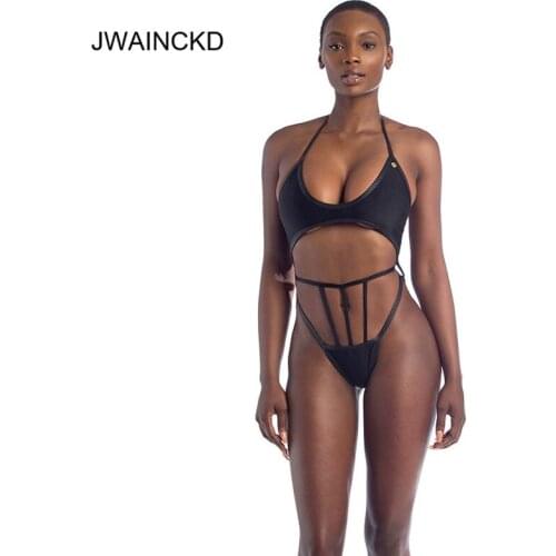 JWAINCKD 2019 Sexy Solid Top Thong Bikini Halter Swimsuit Women Brazilian Bathing Suit Bandage Beach Maillot De Bain Monokini