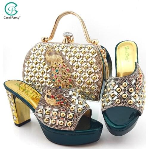Italian Design New Arrival Fashion D.Green Color Party Women Shoes and Bag Set Decorated With Phoenix Shape Metal and Platform