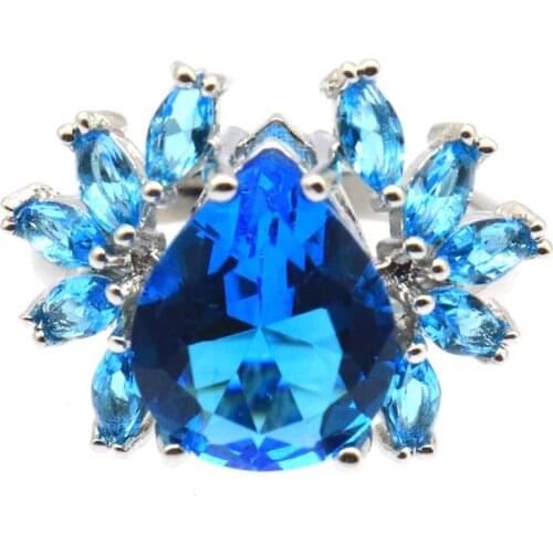 21x16mm Gorgeous Created Paris Blue Topaz Silver Rings for Women Jewelry Daily Wear Gifts