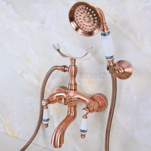 Antique Red Copper Clawfoot Bathtub Faucet Mixer Tap Wall Mounted W/ Hand Spray Shower tna366