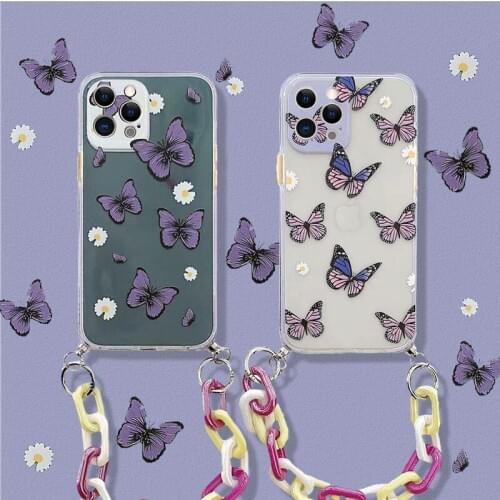 Butterfly pattern for iPhone 12 12promax 11Pro 11promax 7 8 7plus x xs xr xsmax soft transparent phone case with Chain