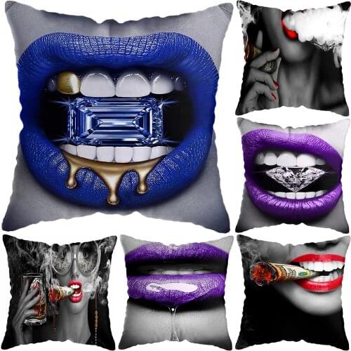 Purple Diamond Lips Smoke Decor Pillow Car Decor Cushion Cover Home Hotel Pictures Sofa Bed Sex Women Cushion Cover 45x45cm
