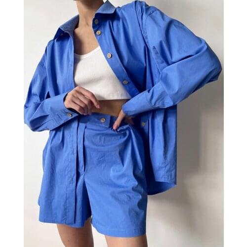Hirigin Summer Blue Lapel Cardigan Shirt Long-sleeved Shirt Elastic Waist Sports Shorts Cotton Suit Women High Street Suits