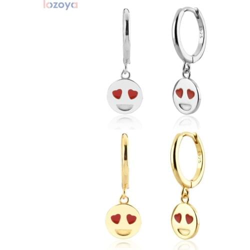 Lozoya New 925 Sterling Simple Clips Pendiente Silver Gold Love Heart Happy Face Smiley Drop Earring Dangle CharmJewelry