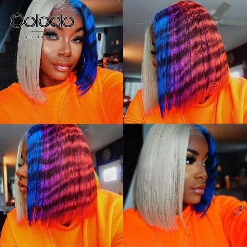 COLODO Pink Red Rainbow Bob Wig Short Ombre Human Hair Wigs Brazilian Remy Pre Plucked Lace Front Human Hair Wigs with Baby Hair