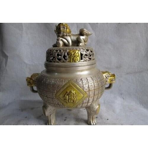 Song voge gem S0212 Buddhism White Copper Silver Gilt blessing Foo fu Dog Lion Censer incense burner