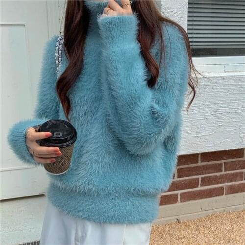 Autumn Winter Fluffy Mohair Knitted Sweater Women Casual Flocking Pullovers Ladies Sweater Loose Warm Jumper Streetwear Knitwear