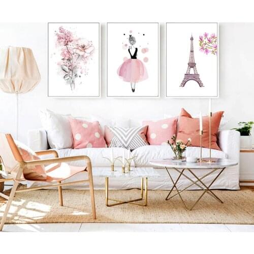 Pink Eiffel Tower Ballet Girl Nordic Flower Poster Canvas Wall Art Prints Painting Home Decorative Pictures for Living Room Bedr