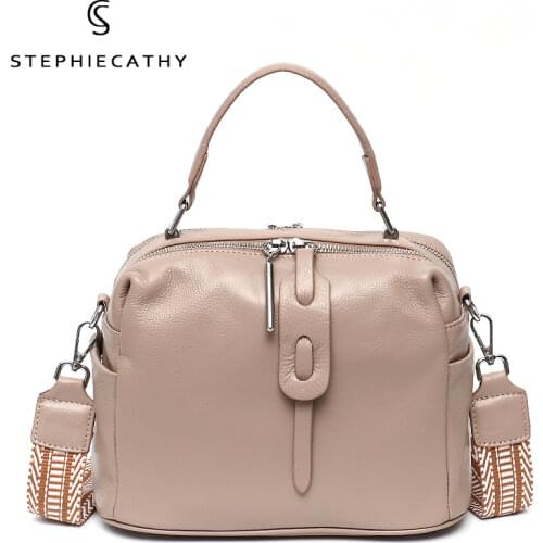 SC Brand Women Cowhide Top-handle Boston Bag Wide Strap Crossbody Multi Pockets Ladies Soft Real Leather Pillow Shoulder Handbag