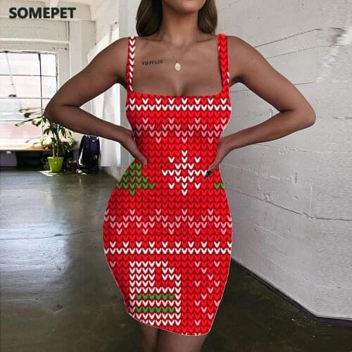 SOMEPET Christmas Dresses Women Trees 3d Print Painting Vestido Sexy Womens Clothing Mini Evening Vintage Boho Femme