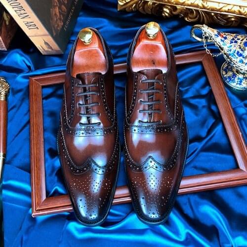 Phenkang Men Italian Wingtip Genuine Leather Oxford Shoes Pointed Toe Lace-Up Oxford Dress Wedding Business Mens Platform Shoes