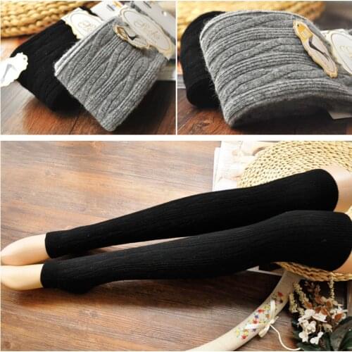 New Rabbit Wool Vertical Bar High Knee Length Long Leg Warmer Twisted Fashion Calf Covers Black And Darkgray Colors